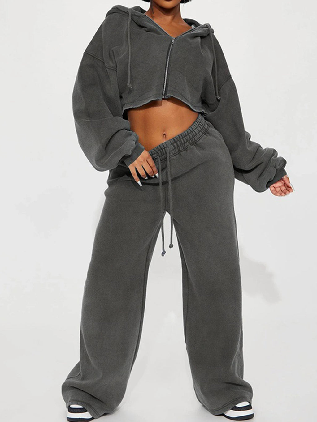 New Women's Solid Color Long Sleeve Hooded Zipper Sweatshirt and Casual Joggers Set