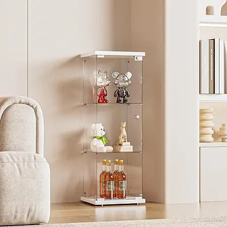 Glass Display Cabinet with Double Doors and Lock, Easy Assembly 3-Tier Curio Cabinet with 5mm Tempered Glass Floor