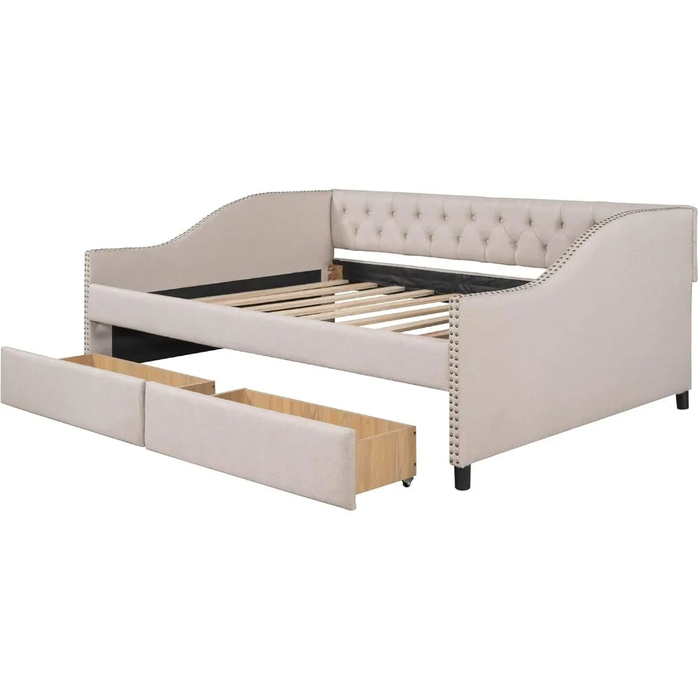 Full Size Linen Daybed with Diamond Tufted Backrest, Armrests, and Two Drawers for Guest and Bedroom Use