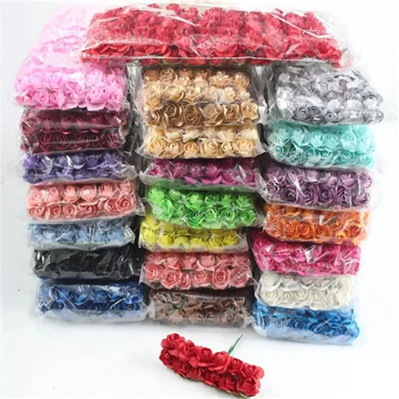144PCS 1.5 cm Artificial Mini Paper Rose Bouquet For Scrapbooking/ For Wedding Party Decoration/ Cheap Artificial Rose Flowers