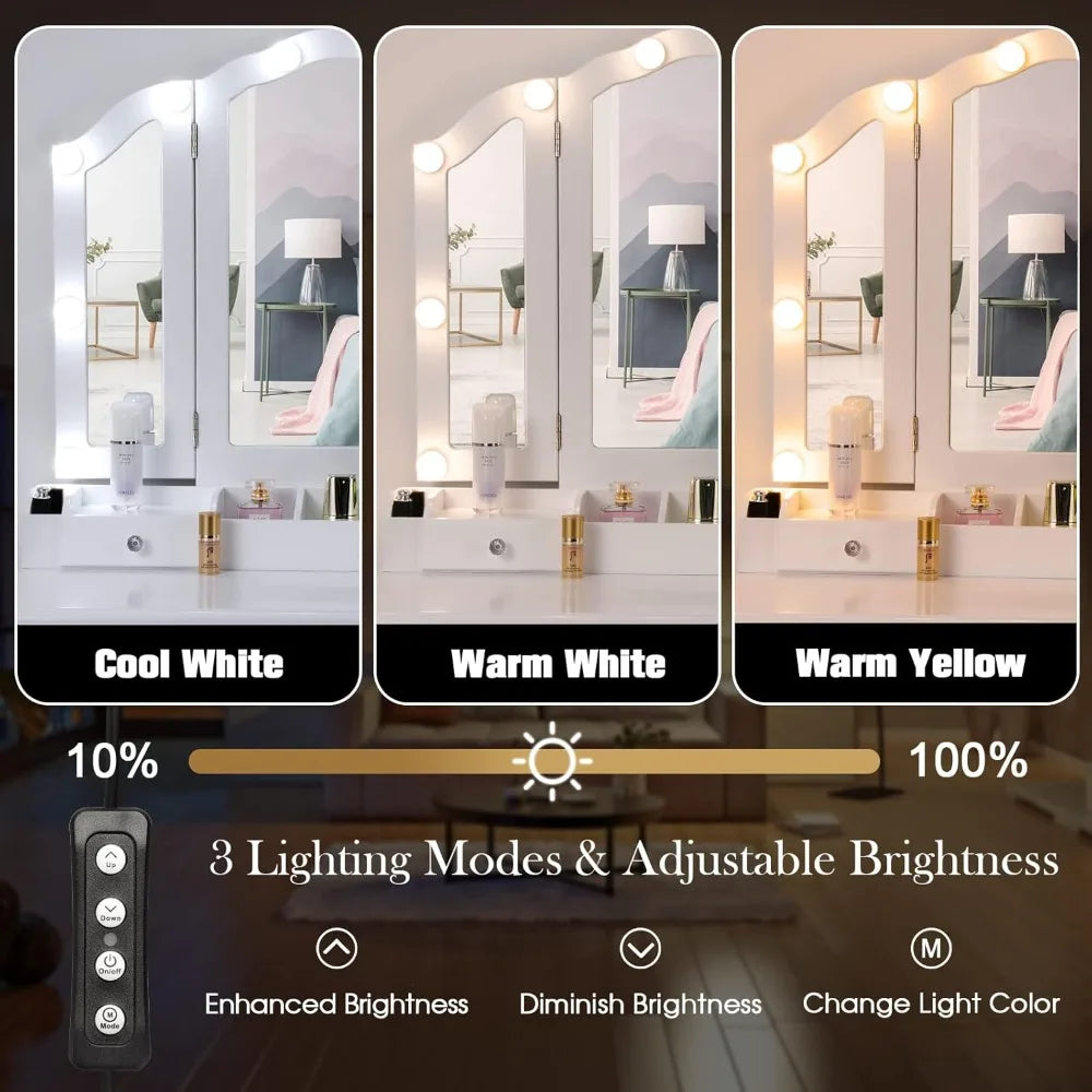 Luminated Makeup Vanity Desk with Tri-Fold Mirror and White Finish