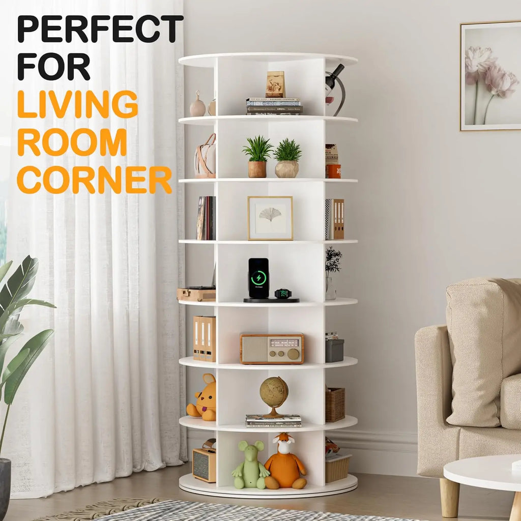 Rotating Shoe Rack Tower 7 Tier Organizer, Vertical Spinning Shoe Display/ Lazy Susan, Revolving 360 White Shoe Rack Storage