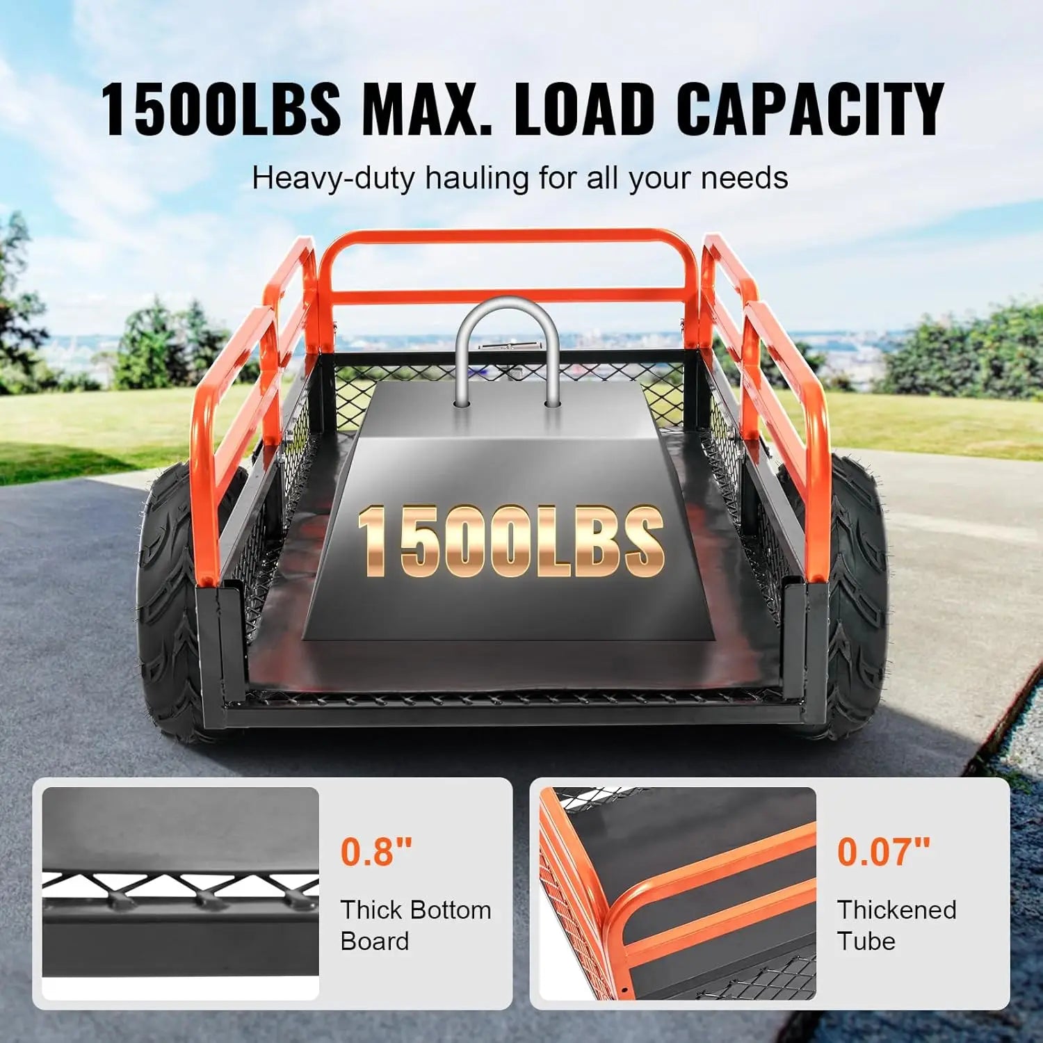 Heavy-Duty 1500lbs Capacity Yard Garden Trailer with 15 Cubic Feet Dump Cart for Lawn and Garden Use
