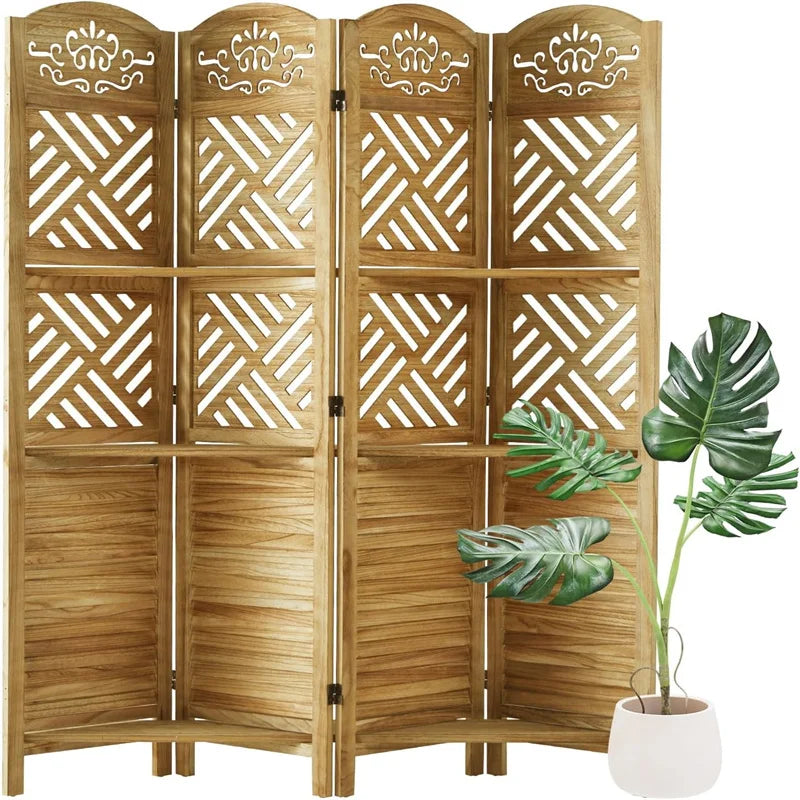 4 Panels Room Divider with Shelves, 5.75ft Tall Folding Wood Carved Screen