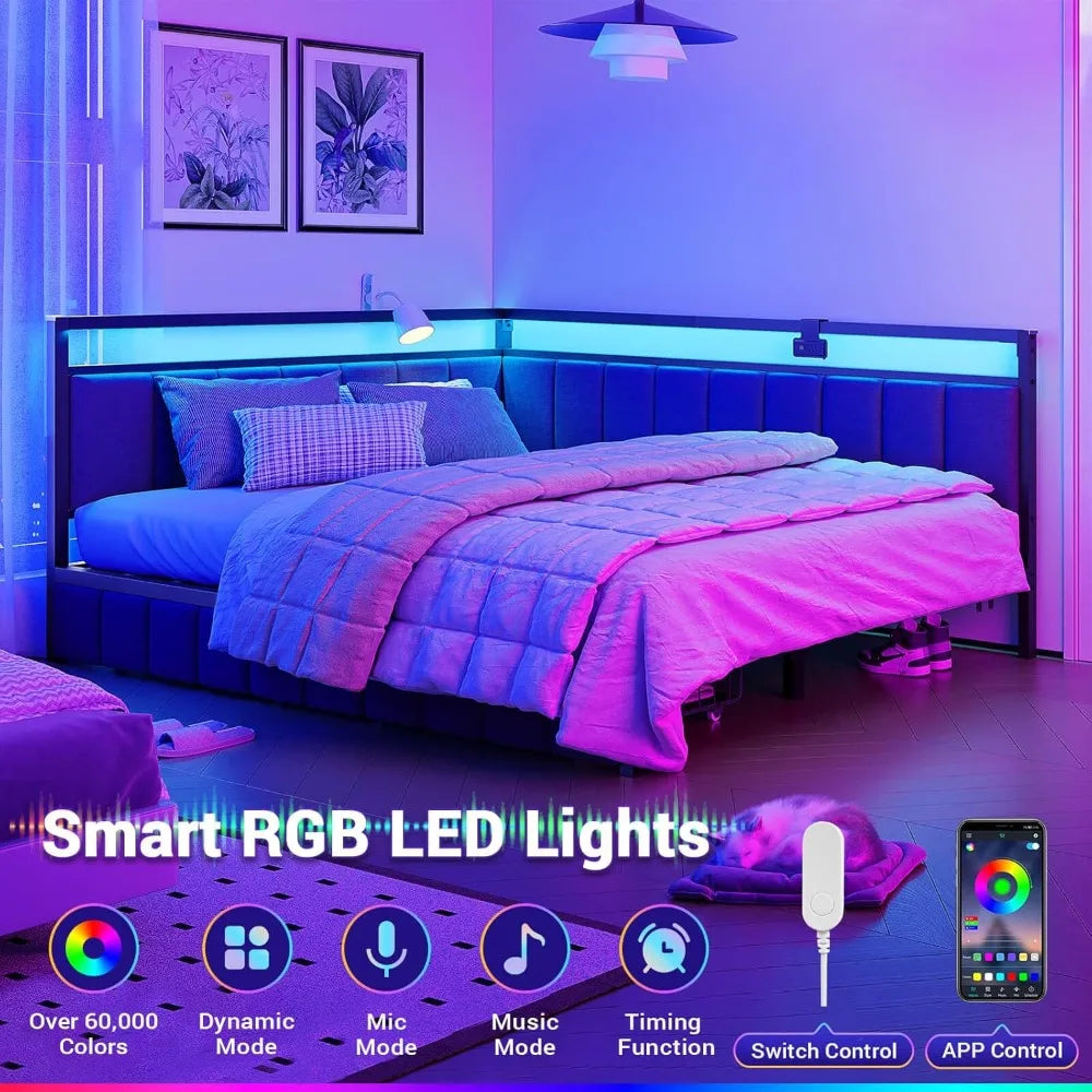 Corner Bed Frame with Storage Drawers, Full Daybed with Lined Fabric Upholstered Fence, Kids Bed Unit with LED Lights & Charger