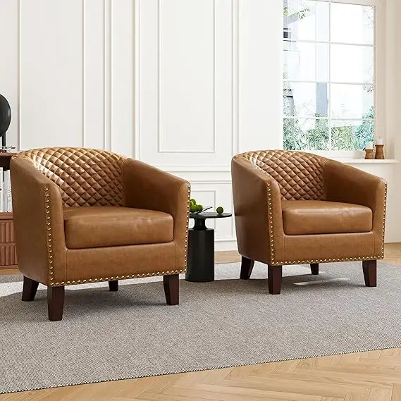 Swivel Barrel Accent Chairs, Comfortable Modern Upholstered Round Faux Leather Armchairs for Living Room and Bedroom, Beige, Set