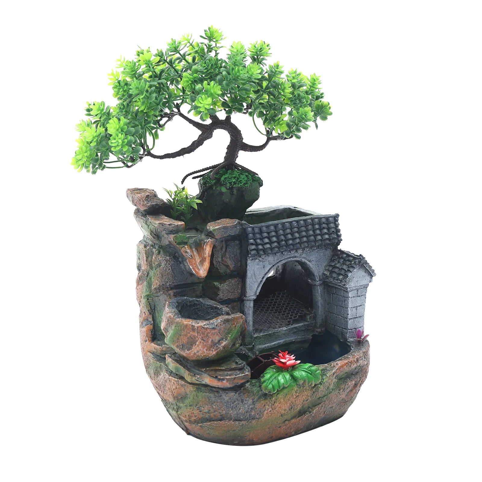 Tabletop Water Fountain with LED Light, Desktop Ornaments Resin Rockery Ornament for Office/ Living Room/ Desk Decor