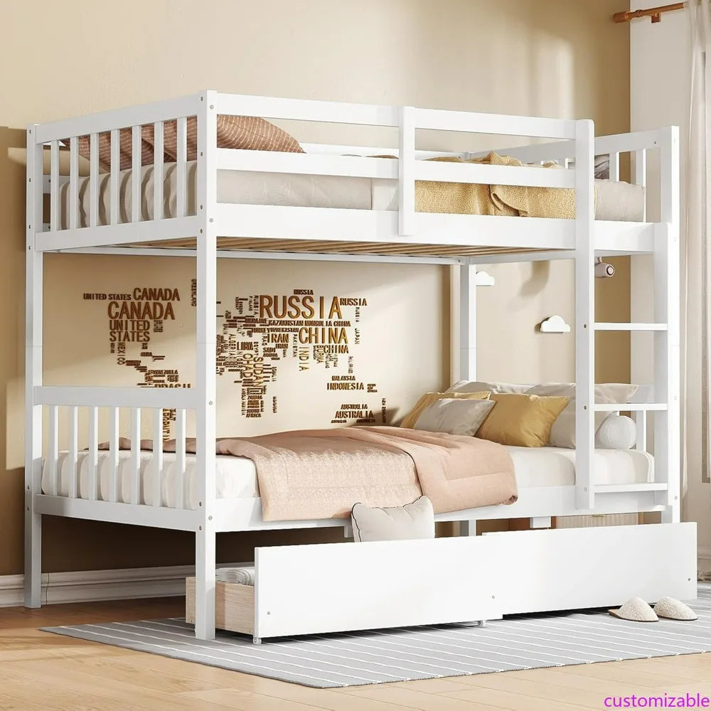 Solid Wood Twin Bunk Bed with Storage, Ladder, and Raised Guardrails for Children, Convertible Design