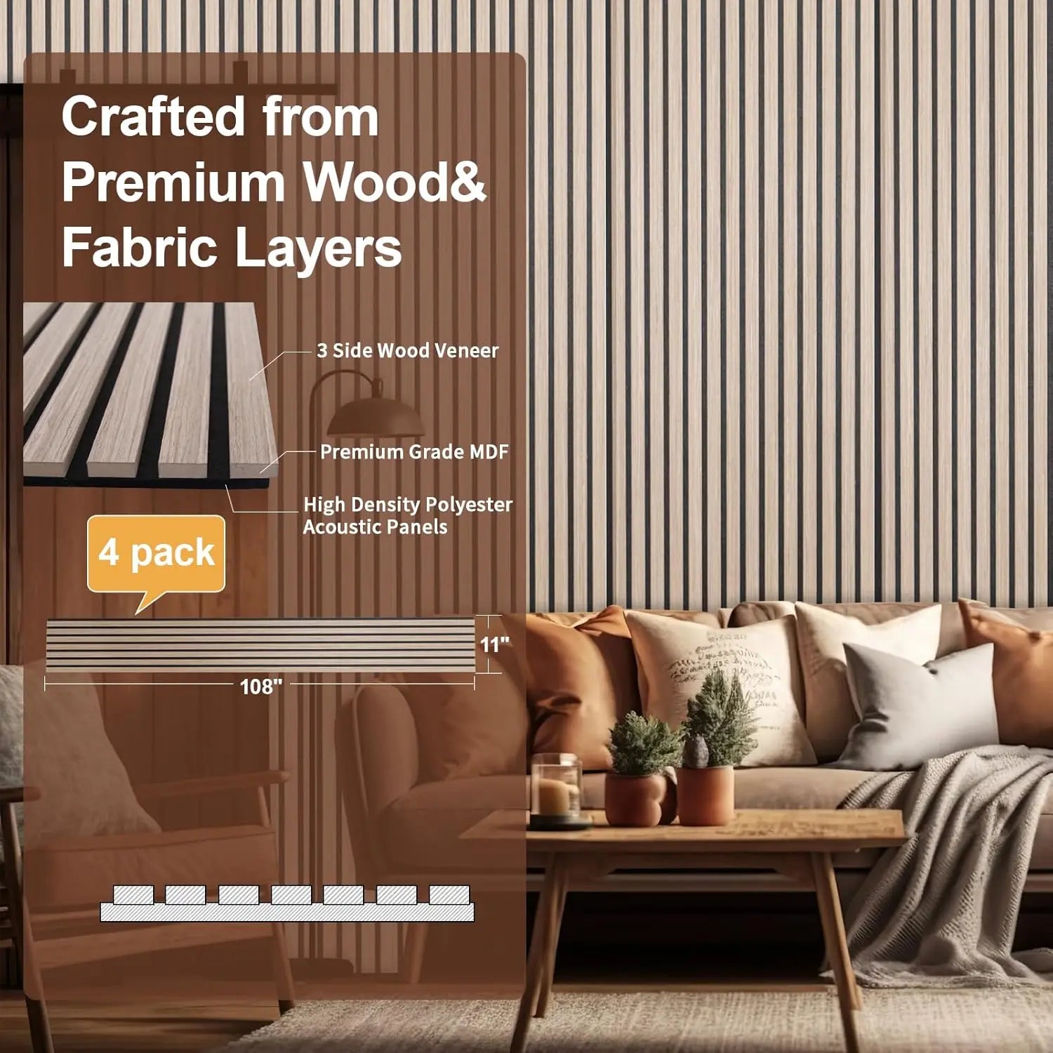 Wood Panels for Wall and Ceiling - 108 x 11 Inch Wood Slat Acoustic Panels 4 PCS - Modern Sound Absorbing Wall Panels