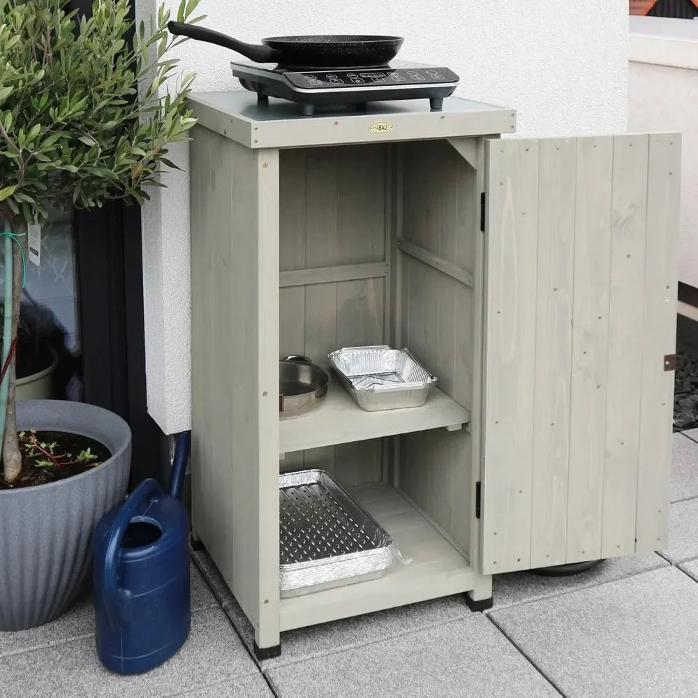 Outdoor Storage Cabinet for Patio, Garden Potting Bench Table with Shelves & Metal-Tabletop, Wooden Planting Work Station, Weather Proof
