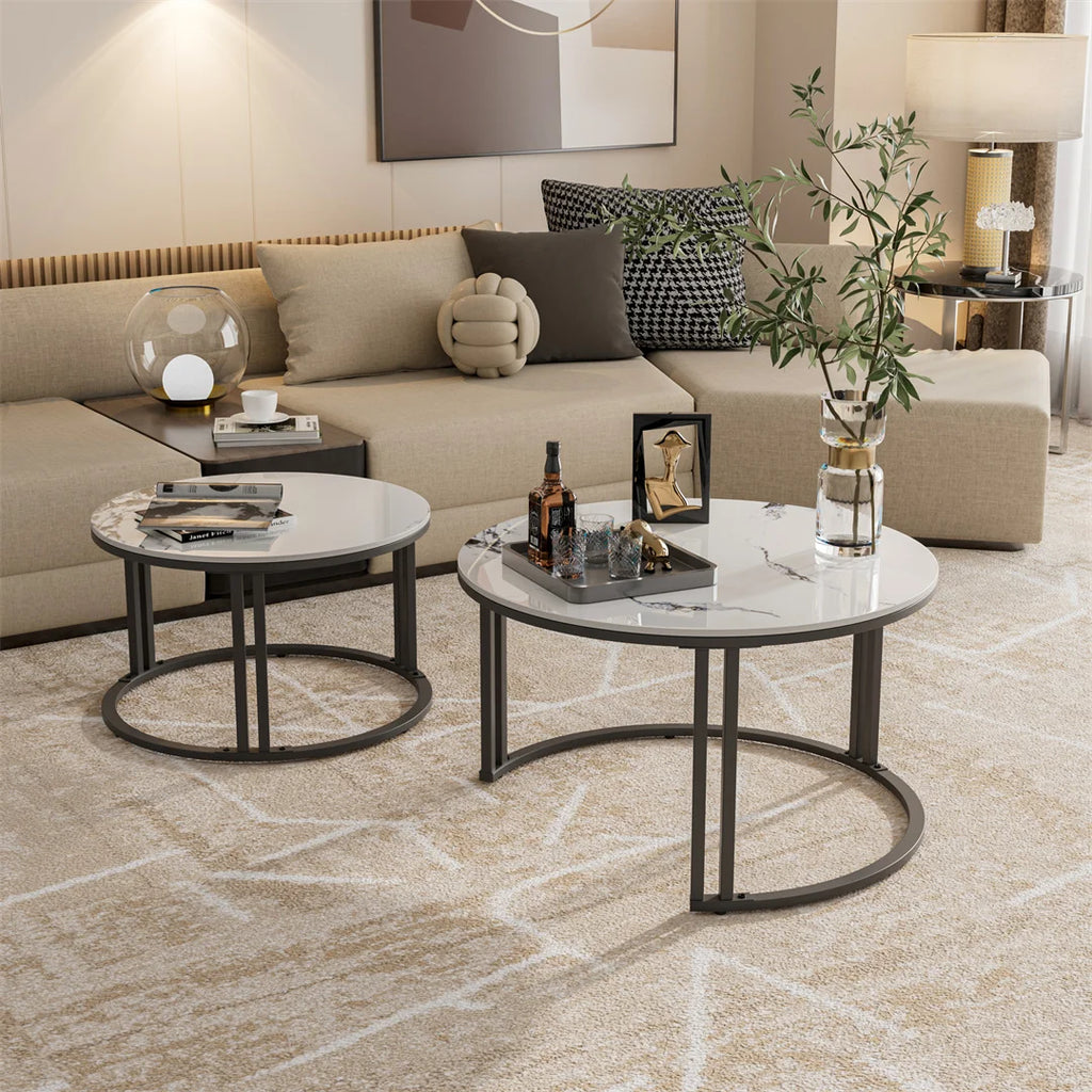 Set of 2 Round Living Room Nesting Table Anti-Rust Outdoor Stacking Center Coffee Table, Small Space Friendly