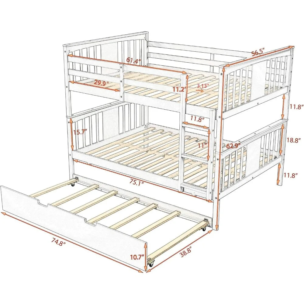 Twin-Over-Full Bunk Bed with Trundle, Transformable into Individual Beds, Crafted from Solid Pine with Safety Rails