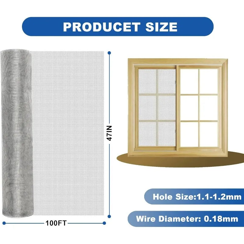 Stainless Steel 304 Window Screen Mesh, 47 Inches by 100 Feet Roll, Metal Replacement for Doors, Patios