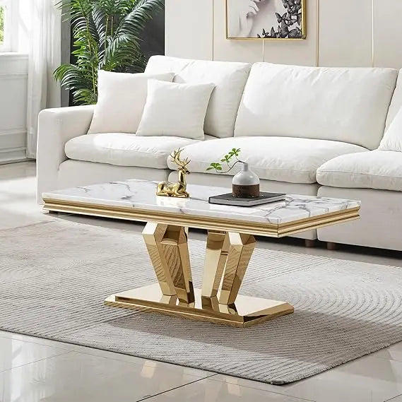 Luxury Marble Coffee Table with Stainless Steel Pedestal, 47" Modern Gold Coffee Table for Living Room, Rectangle Faux Marble