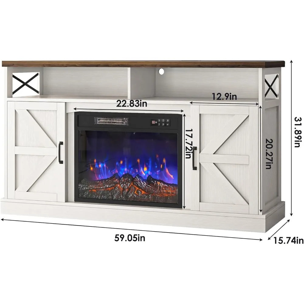 TV Stand with Fireplace, 59" Entertainment Center with LED Lights, for 65" TVs, with Opening Shelves and Storage Cabinet