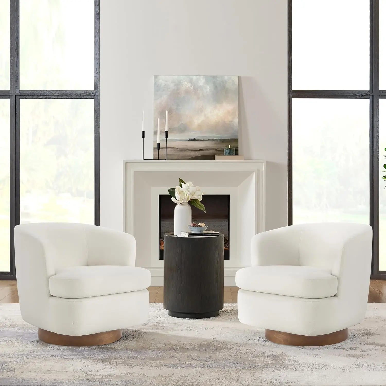 Swivel Accent Chair, Barrel Armchair with Upholstered Performance Fabric and Wood Base for Bedroom Waiting Living Room, 2 PCS