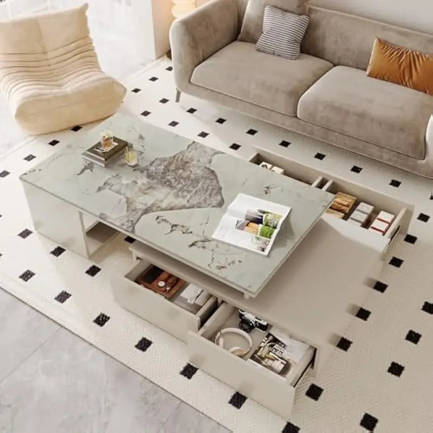 Extendable Tabletop Coffee Table with 4 Drawers & Storage Shelf, Modern from 51-Inch to 71-Inch Center Table for Living Room