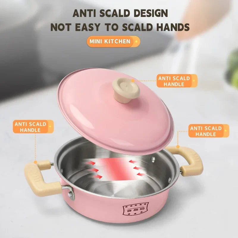 Children's Kitchen Cookware Set/ Play Kitchen Cooking Accessories/ Pots, Wood, Stainless Steel with Food for Kids