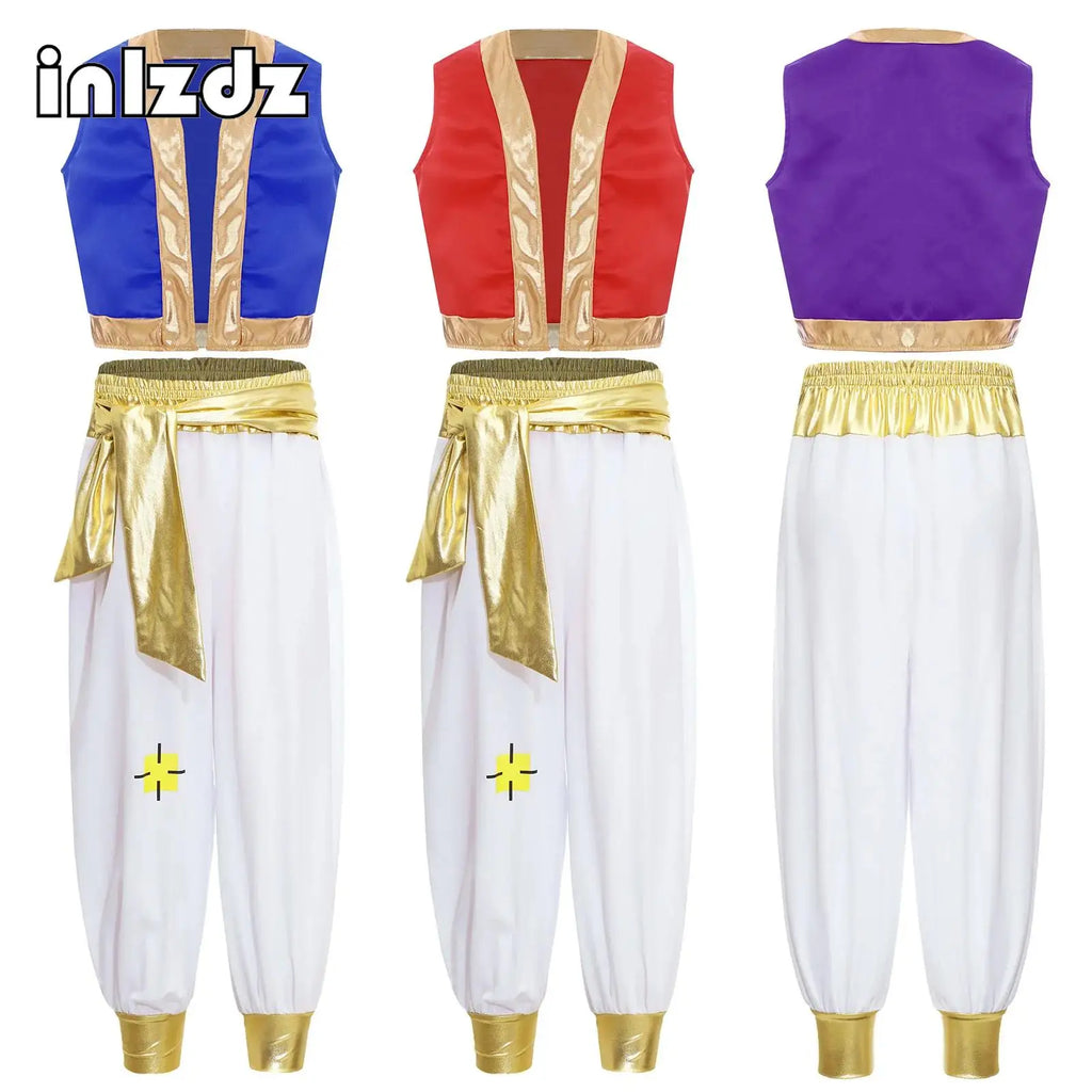 Boys Arabian Costume Arabian Prince Cosplay Dress Up Vest Waistcoat Harem Pants Suit for Halloween Carnival Stage Performance