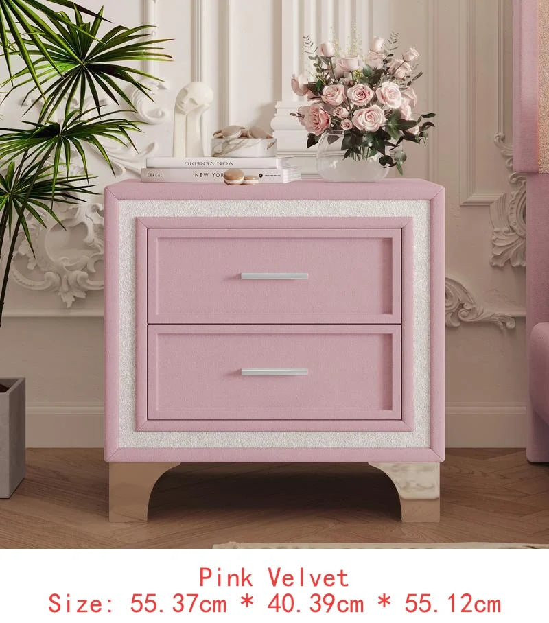 3-Piece Bedroom Set, Queen Size Upholstered Bed with LED Lighting & 2 Nightstands, Pink Upholstered Platform Bed