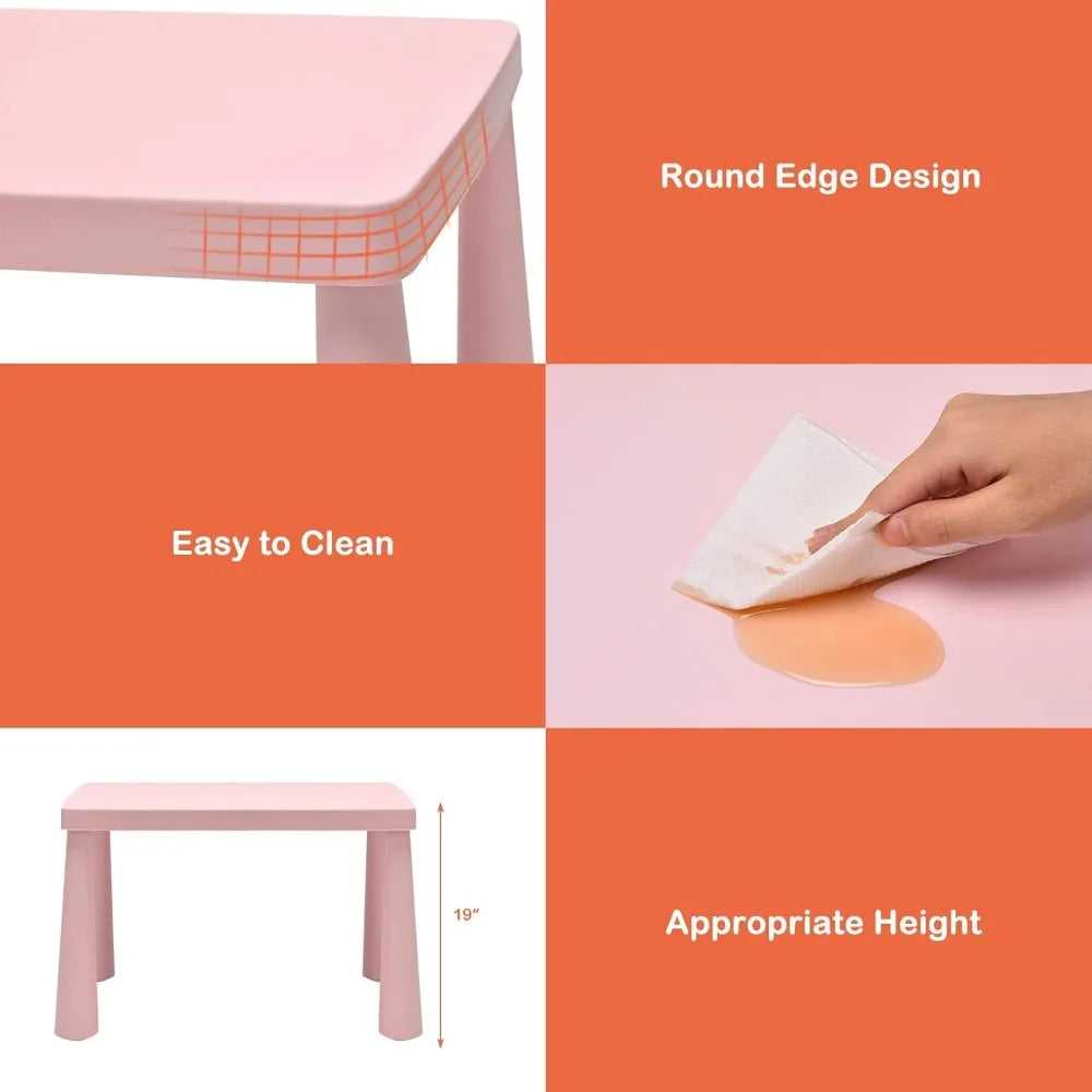 Kids 3 Piece Table and Chair Set, Plastic Children Activity Desk for Reading, Drawing, Snack Time, Arts Crafts, Preschool, Kind