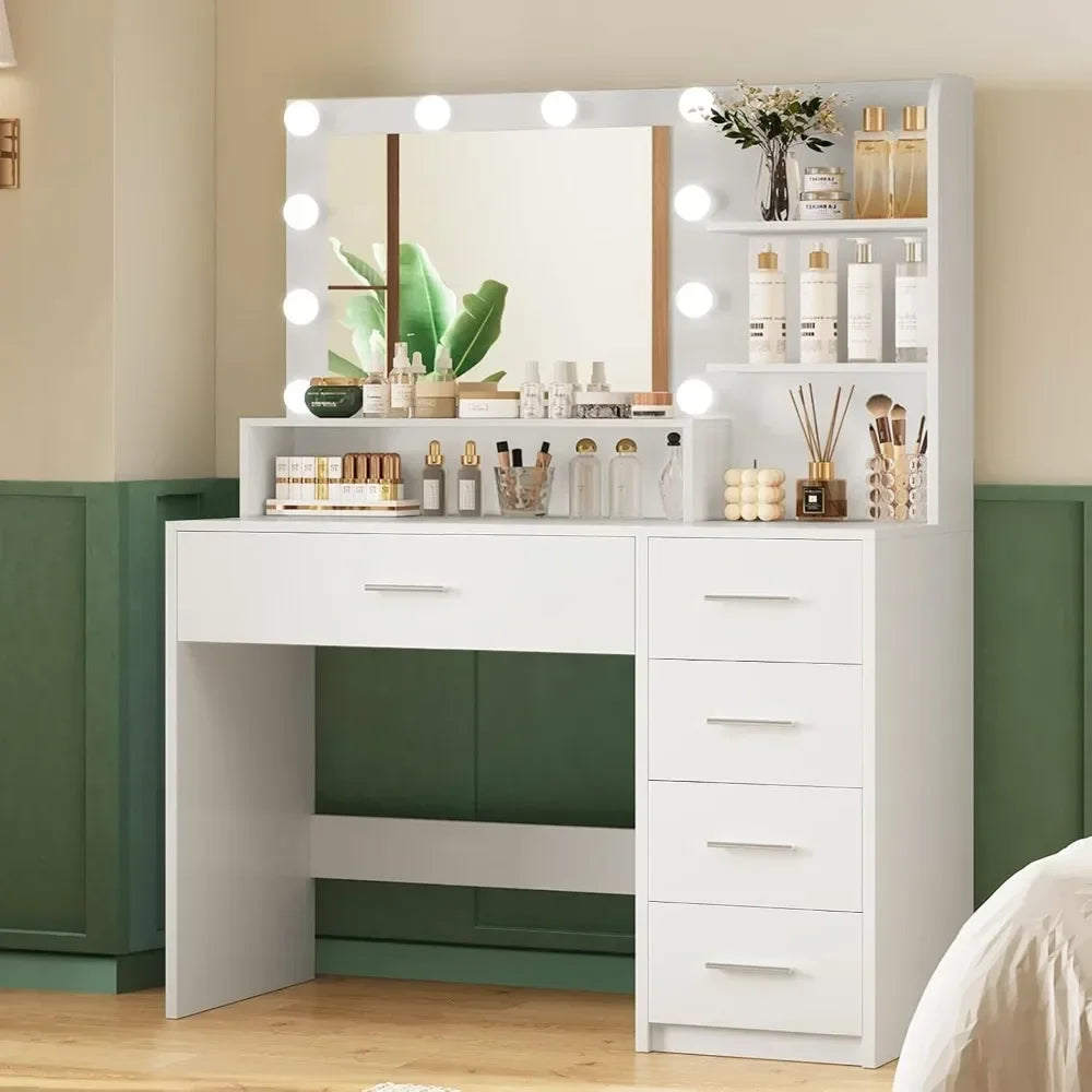 Makeup Vanity Desk with Mirror & Lights, 5 Drawers & Storage Shelves, Vanity Table, 3 Color Modes & Adjustable