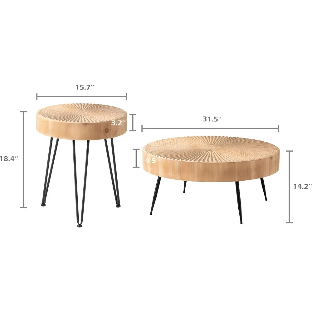 2-Piece Farmhouse Nesting Table Round with Handcrafted Wood Radial Pattern, Modern Coffee Table Set for Living Room