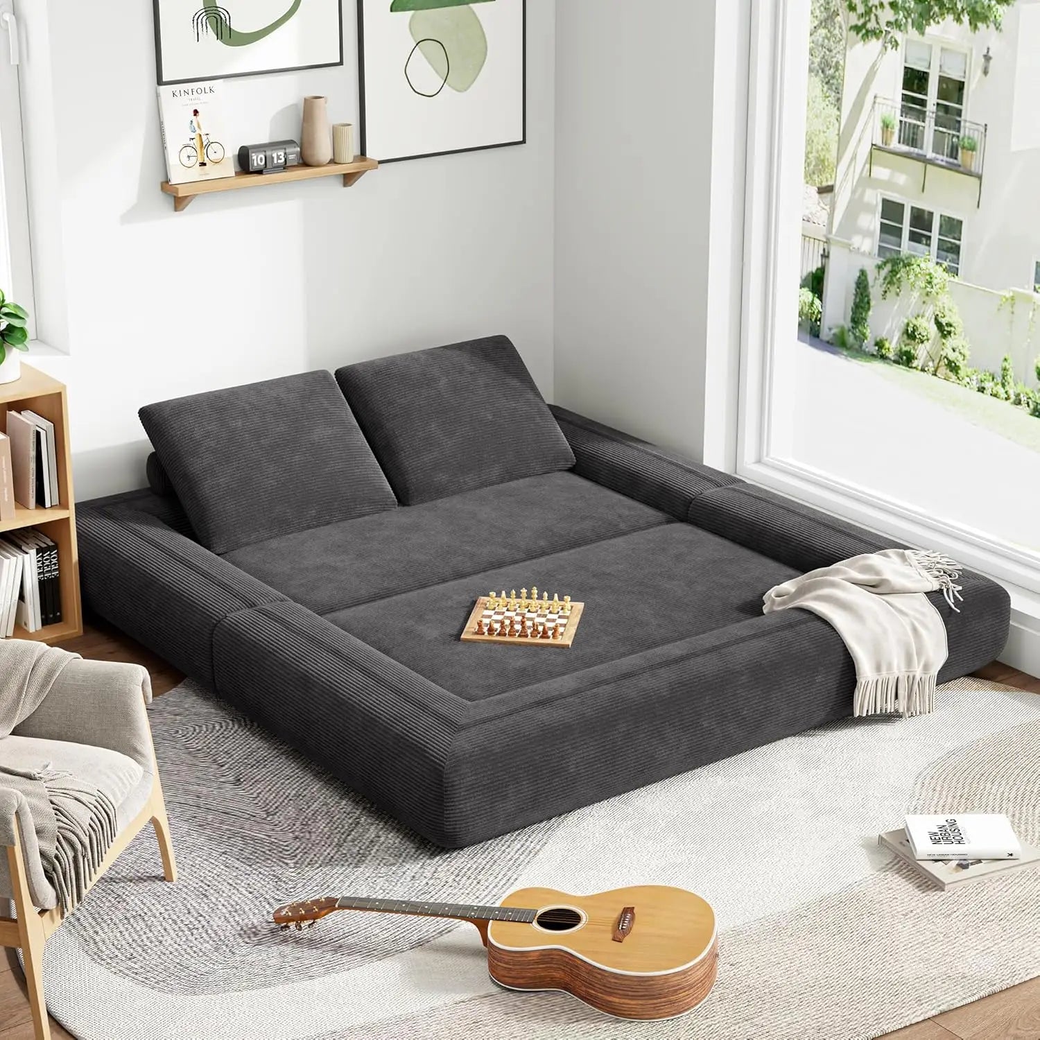 Convertible Sleeper Sofa Bed Floor Sofa 3-in-1 No Assembly, Foldable Mattress with Corduroy Upholstery Green, Dark Grey