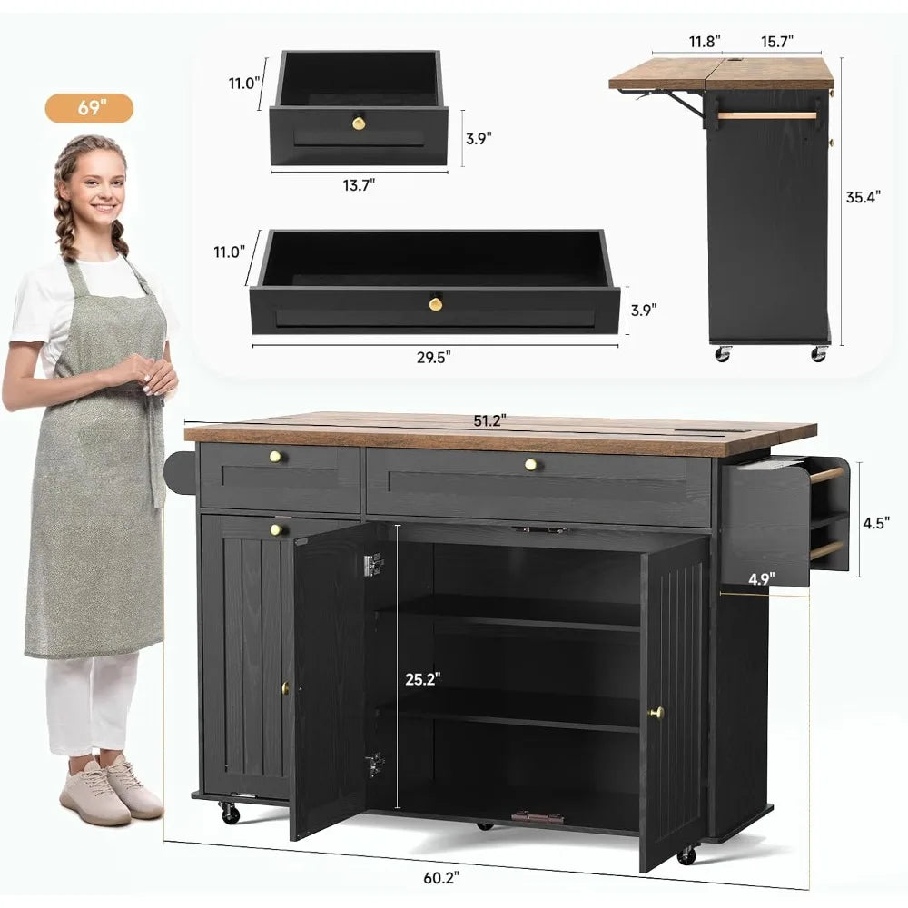 60" Kitchen Island with Power Outlet & Drop Leaf, Kitchen Rolling Island with Spice Rack & Towel Rack, Knife Holder