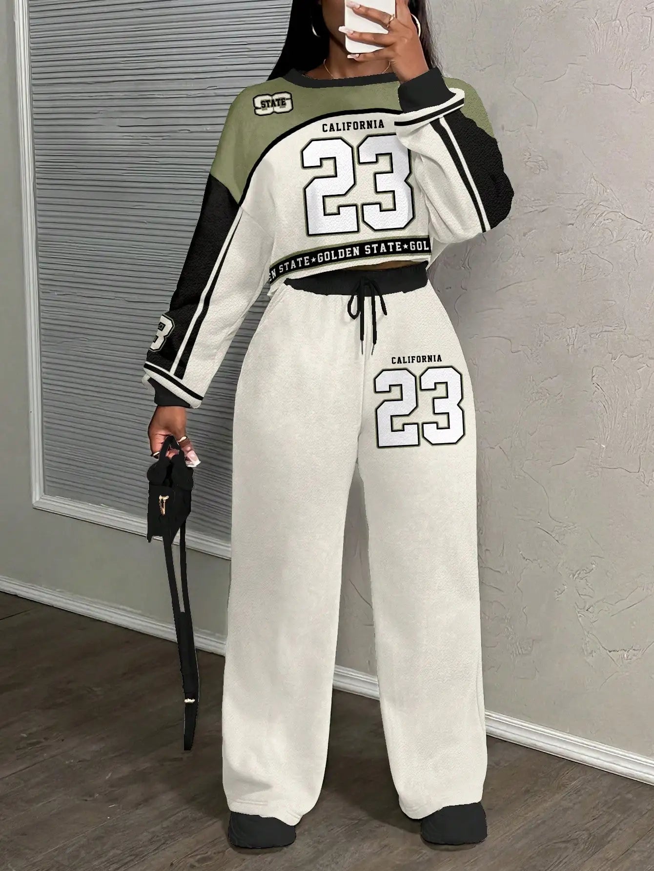 California 23 Two Piece Set Women's Streetwear Crop Top & Wide Leg Pants/Fall Winter