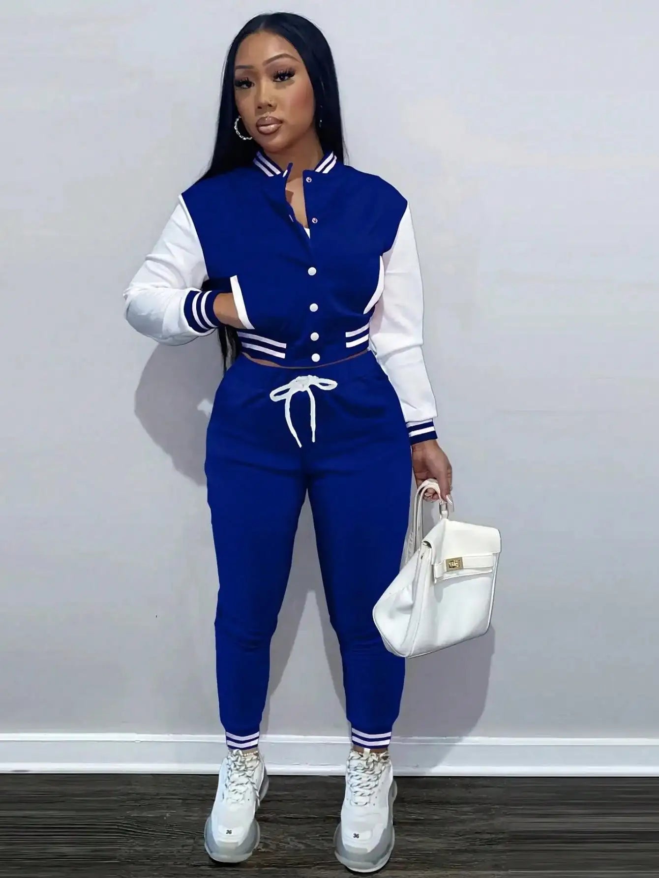 BWQ 2 Pieces Set Women Sports Jacket - Solid Color Single Breasted Baseball Jacket And Top