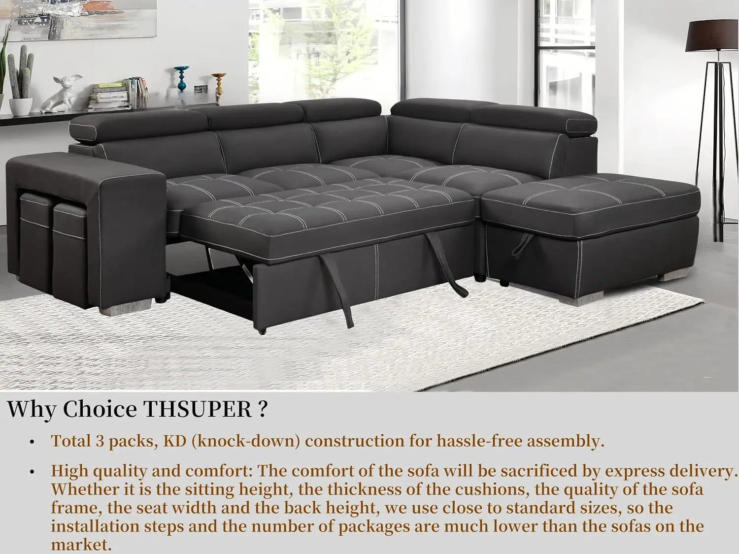 Microfiber Sectional Sleeper Sofa Couch Pull Out Bed with Right Facing Chaise, 5 Seats L Shaped Sectional Sofa Couch