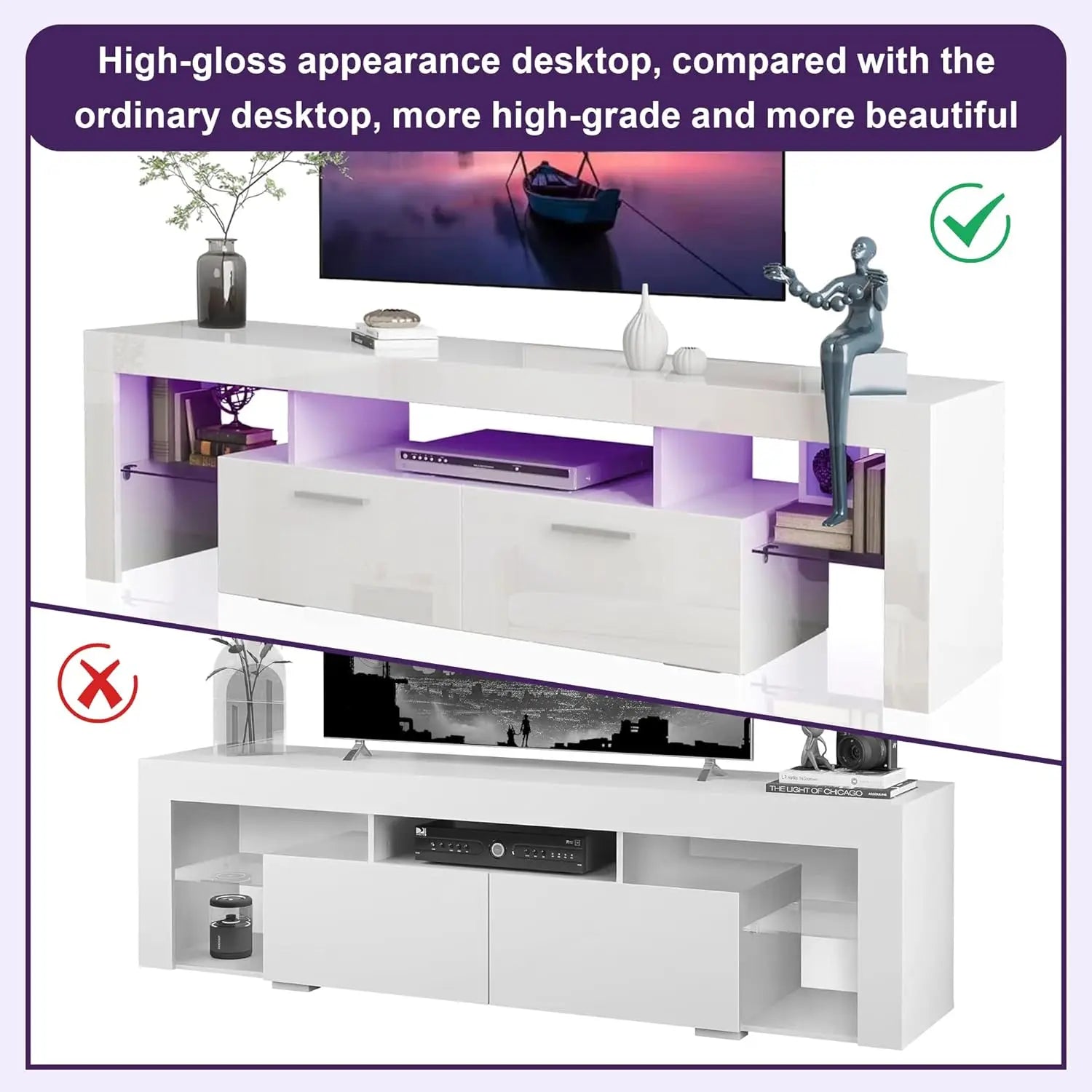 Modern LED 63" Long TV Stand With Large Storage Drawer For 50 55 60 65 70 75" TVs, White Wood TV Console