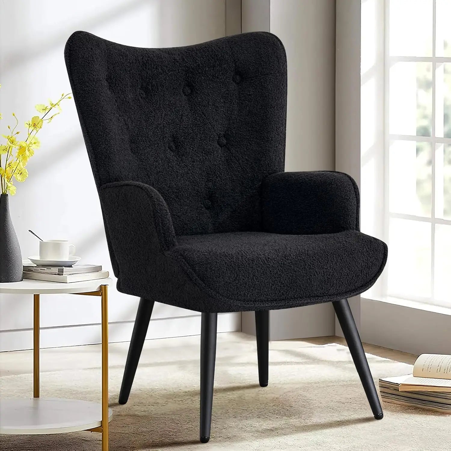 Boucle Accent Chair for Living Room, Upholstered Reading Chair with High Backrest, Tufted-Button Wingback Armchair