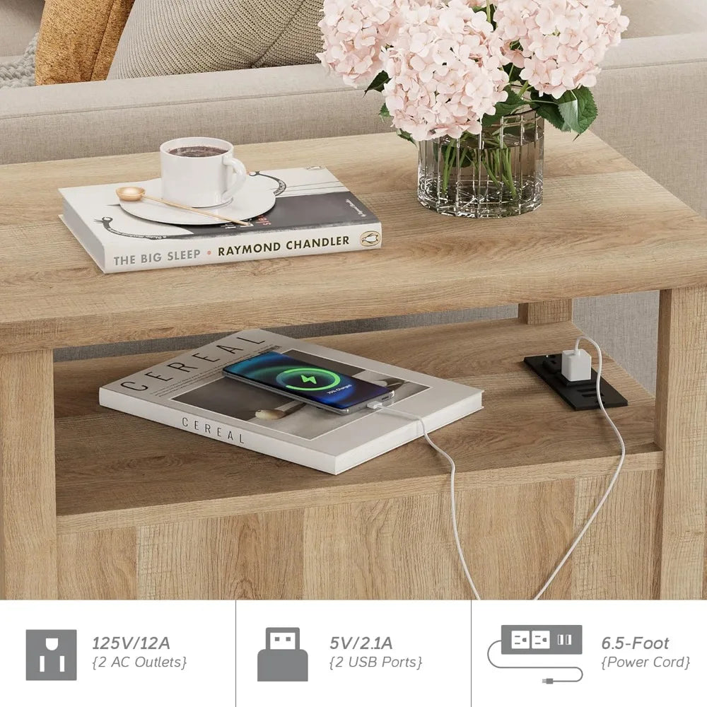 Set of 2 End Tables with Charging Station, Sofa Side Tables with Storage Cabinet for Living Room, Light Wood Bedside Table