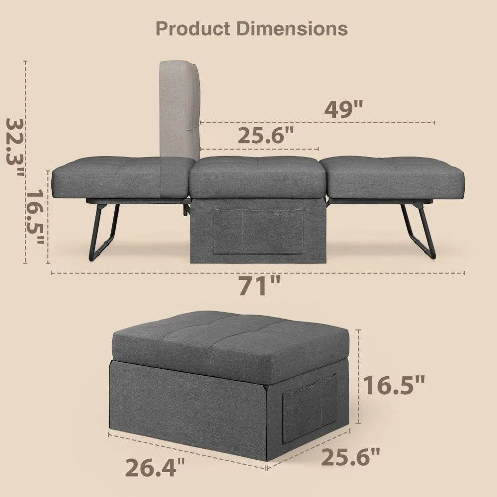 Sleeper Chair, Bed, 4 in 1 Sofa Bed, Assembly-Free Folding Ottoman with Adjustable Backrest and Pillow, Breathable Linen