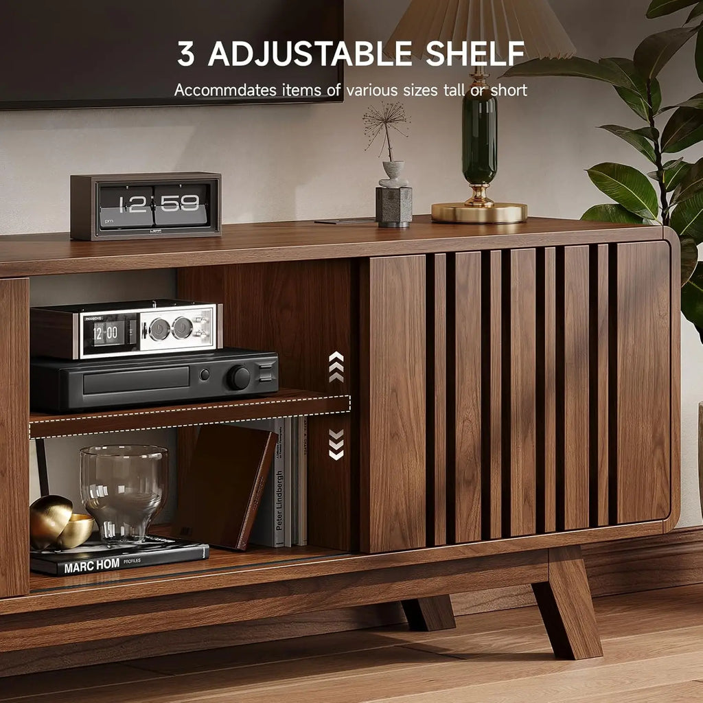 63" TV Stand for TVs up to 75", Entertainment Center & Sliding Grille Door Cabinets and Open Shelves for Living Room