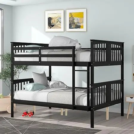 Convertible Bunk Bed, Full Size, Solid Pine Wood, Safety Rails and Headboards Included