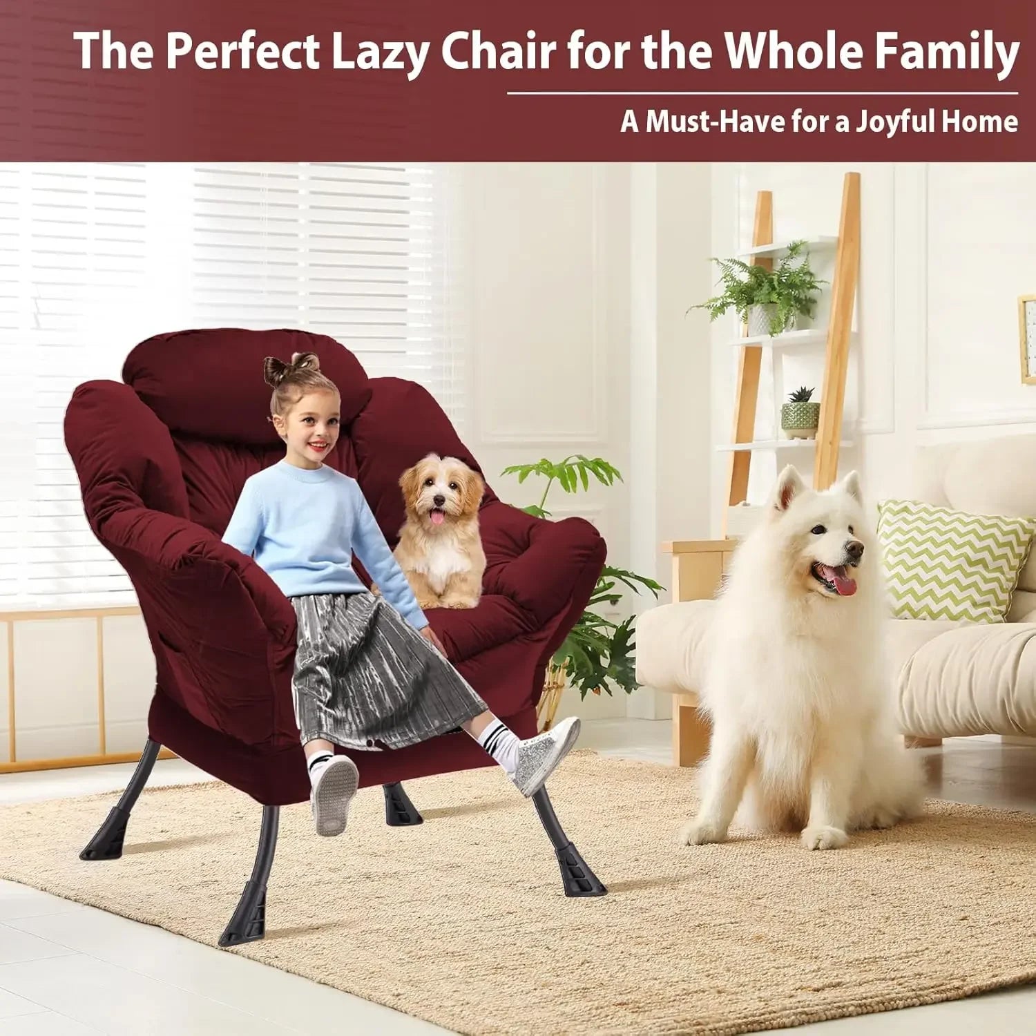 Lazy Chair Thick Padded, Accent Chair Velvet Upholstered with Wide Seat, Stable Metal Frame