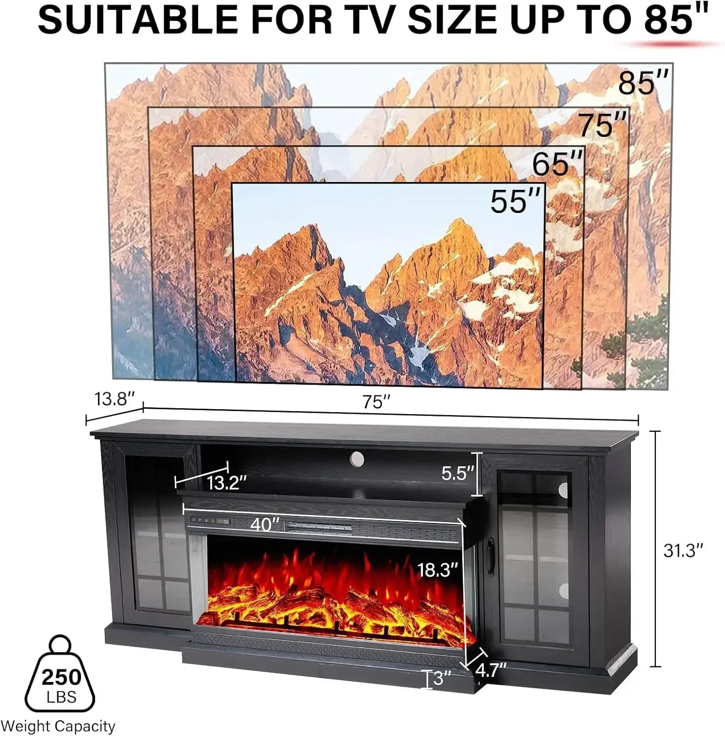 75" Fireplace TV Stand with 3-Sided Glass Electric Fireplace, Media Entertainment Center , TVs up to 85", Black