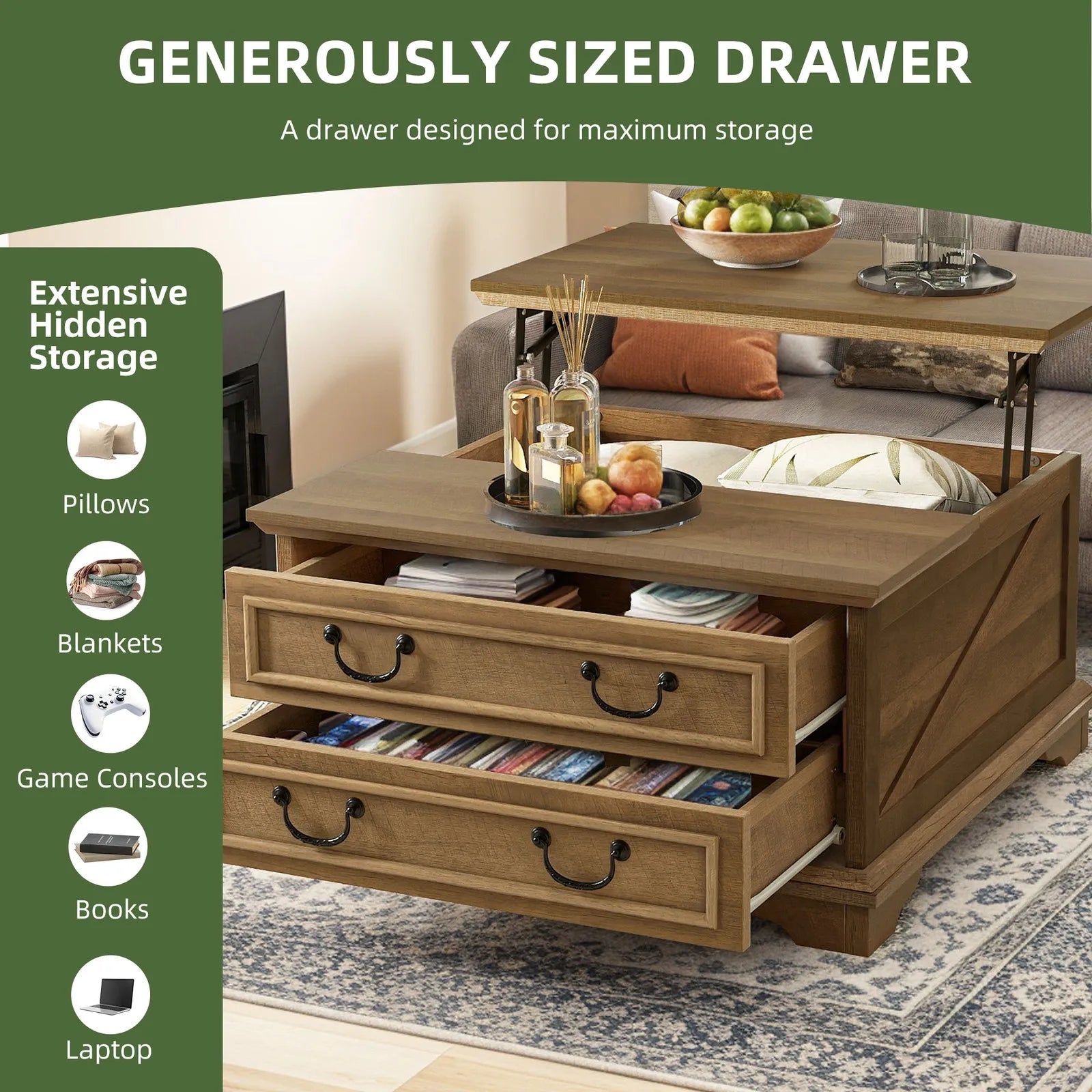 Farmhouse Square Lift-Top Coffee Table Large with Hidden Compartment Living Room