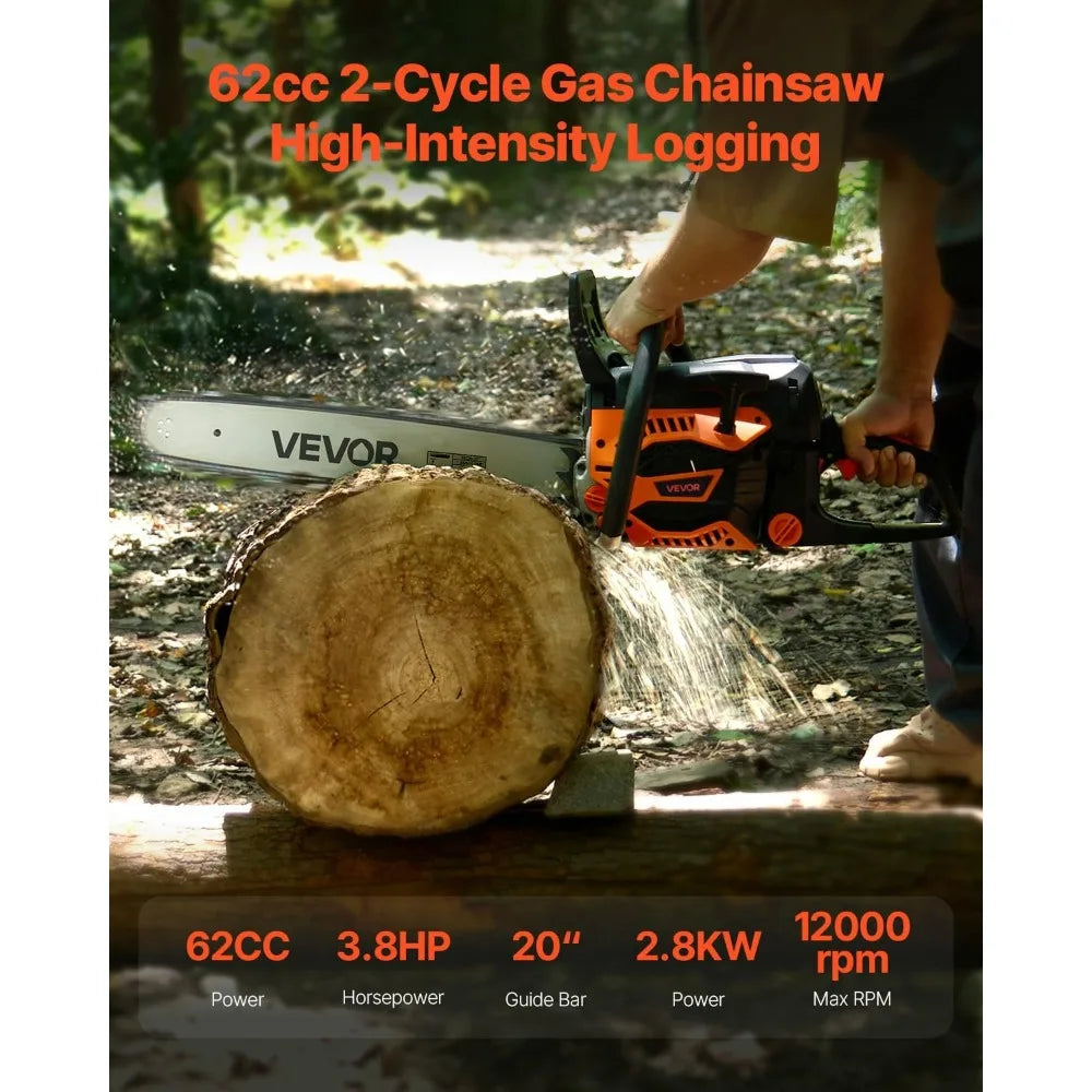 20 Inch 62CC Gas Chainsaw with 3.8 HP Two-Stroke Engine and Anti-Slip Grip