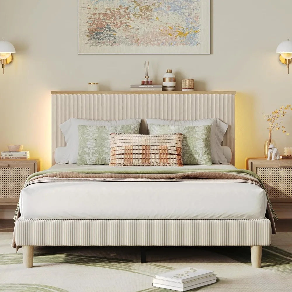 Full Bed Frame with Adjustable Headboard & LED Lighting, Corduroy Upholstered Platform Bed Frame with Storage Shelf