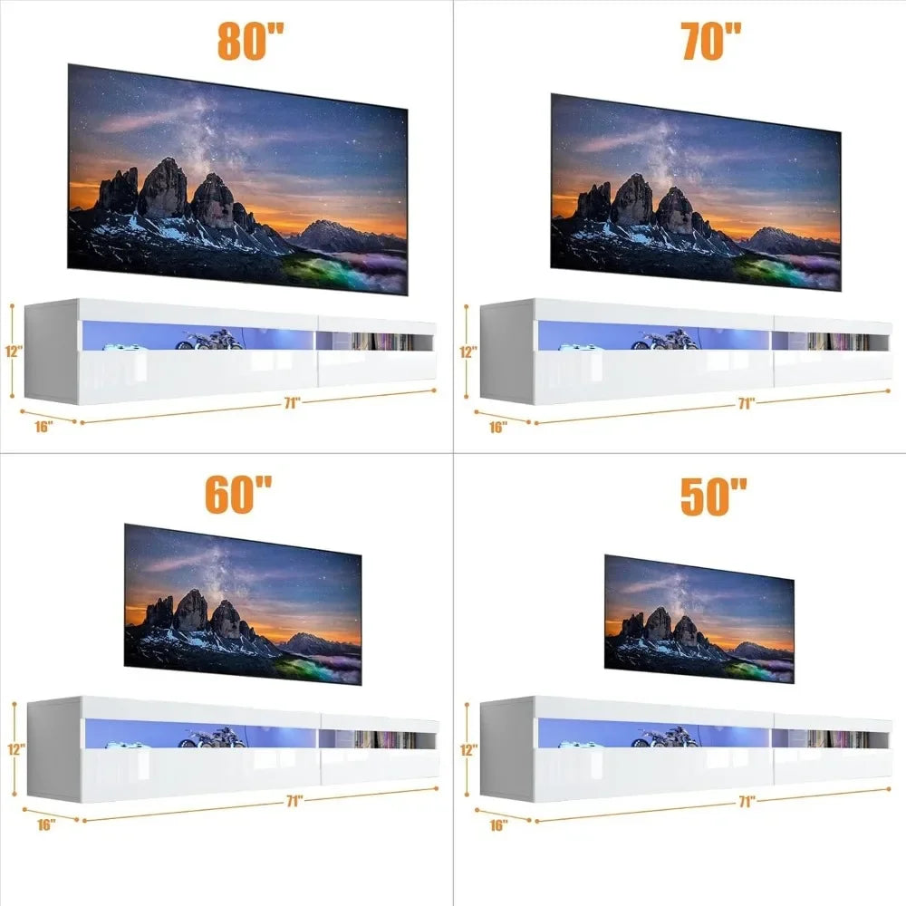 Floating TV Stand, Wall Mounted TV Shelf with Led Lights & Power Outlet, 71" Modern Entertainment Center Media Console with Storage