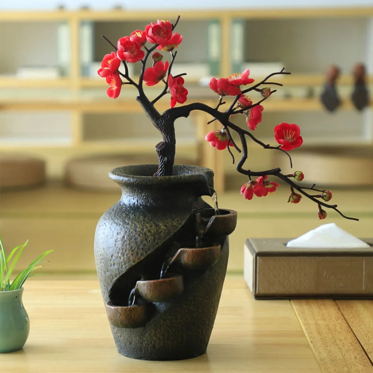Tabletop Fountain, Vase Shape, Flowing Water, Simulated Flowers, Resin, Low Noise Pump, for Home Decoration, Office Desk, Living Room, Bedroom, Art Decor, Relaxing