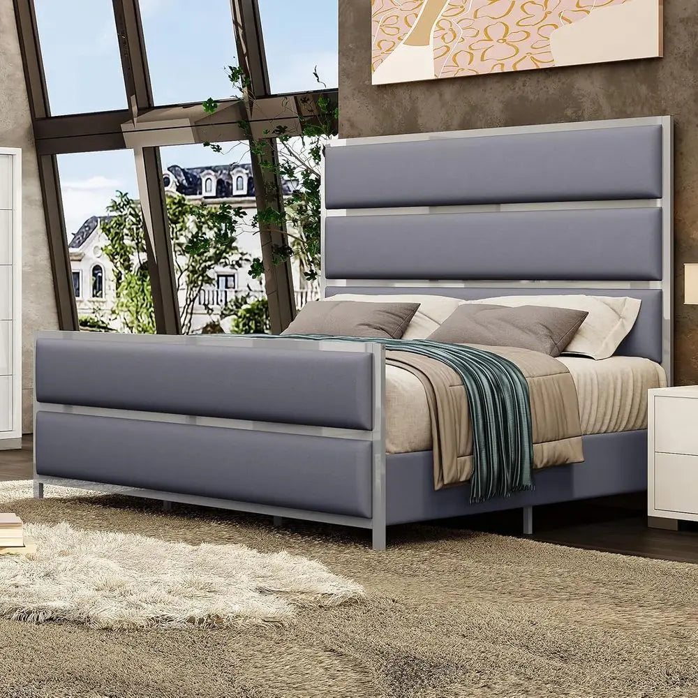 King-Size Velvet Bed Frame with Silver Trim, Channel Tufted Platform Bed, No Box Spring Needed