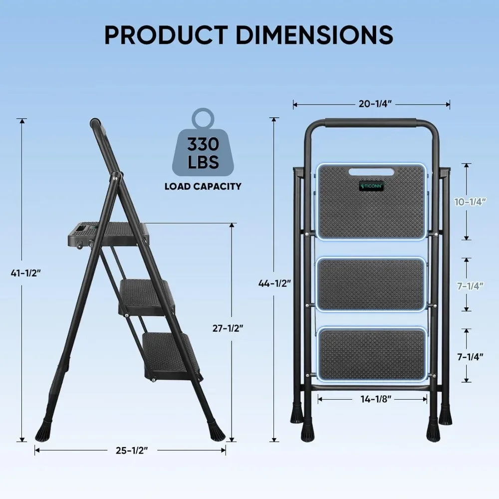 Customizable- 3 Step Ladder, Heavy Duty Foldable Step Stool, Portable Steel Folding Stool For Household Garage Storage