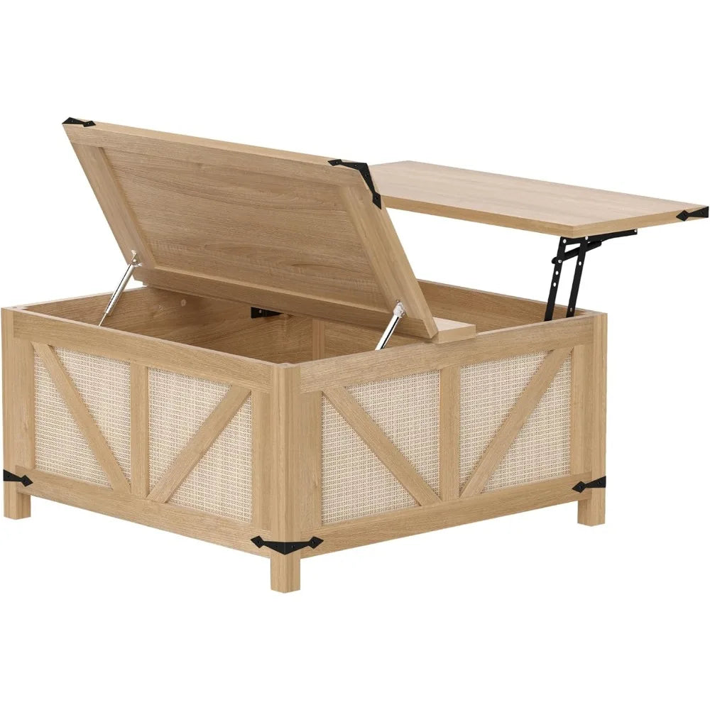 35'' Lift Top Coffee Table, Square Rattan Center Table with Large Hidden Storage, Farmhouse Coffee Tables for Living Room, Home