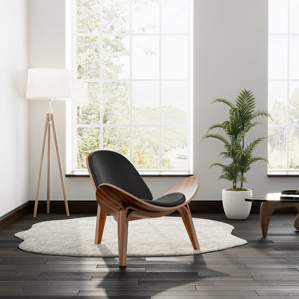 Mid Century Solid Wood Three-Legged Chair Black Faux Leather Living Room Furniture Modern Leisure Lounge Chairs
