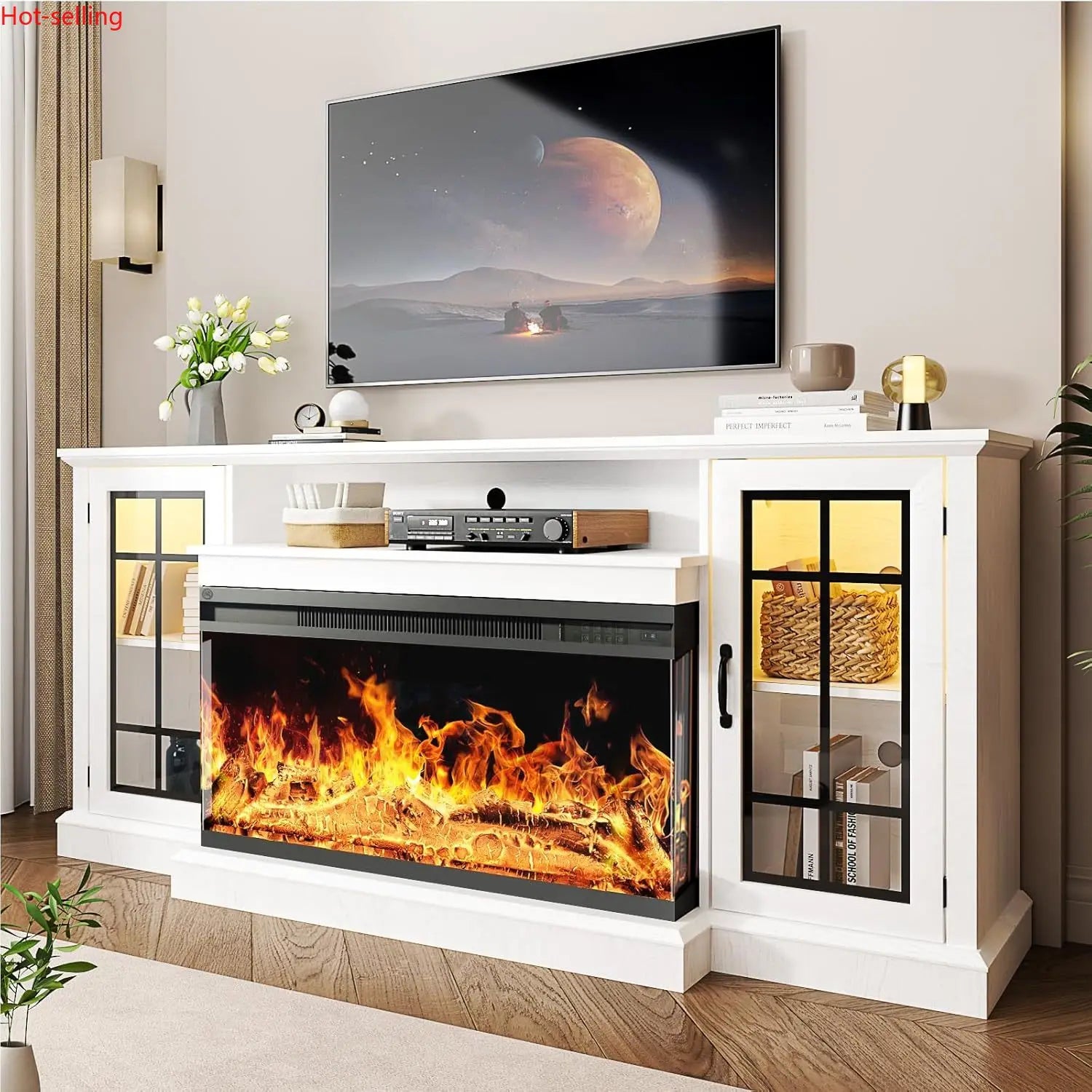 36 Inch 3-Sided Glass Fireplace TV Stand for TVs up to 80",Rustic Media Entertainment Center/Console Table with Glass Door/Storage